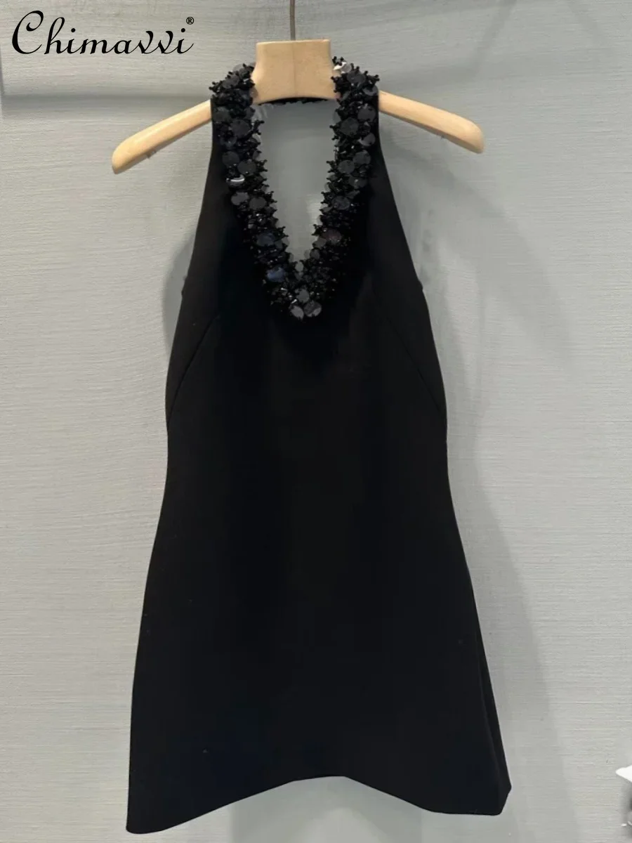 

2023 Winter Clothes New High-End Light Luxury V-neck Sexy Black Dress Fashion Handmade Rhinestone Backless Halter Dress Women
