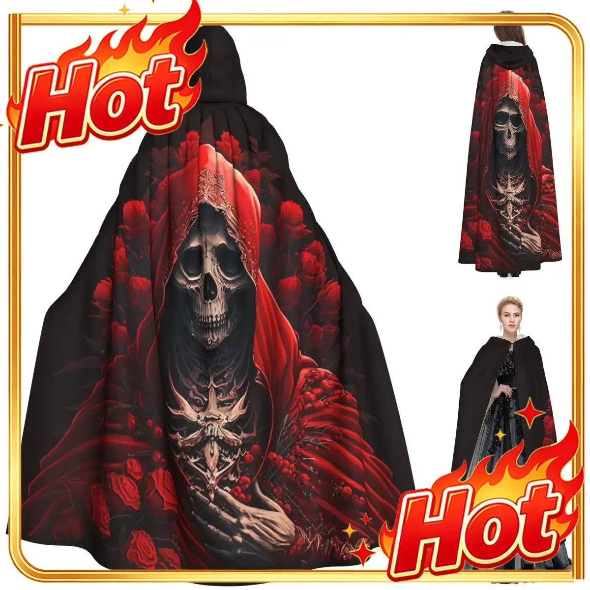 Santa Muerte, la Santa Muerte, estilo gótico, mexicano, con motivos de calaveras, capa larga con capucha, disfraz de bruja, disfraz medieval, capa para cosplay, abrigo de Halloween, para adultos.