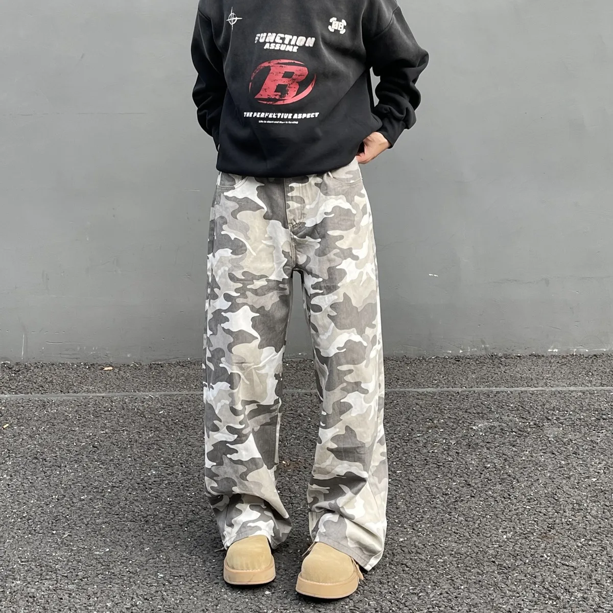Retro Off-white Desert Camouflage Jeans Men's Straight Tooling Micro-pull Casual Trousers