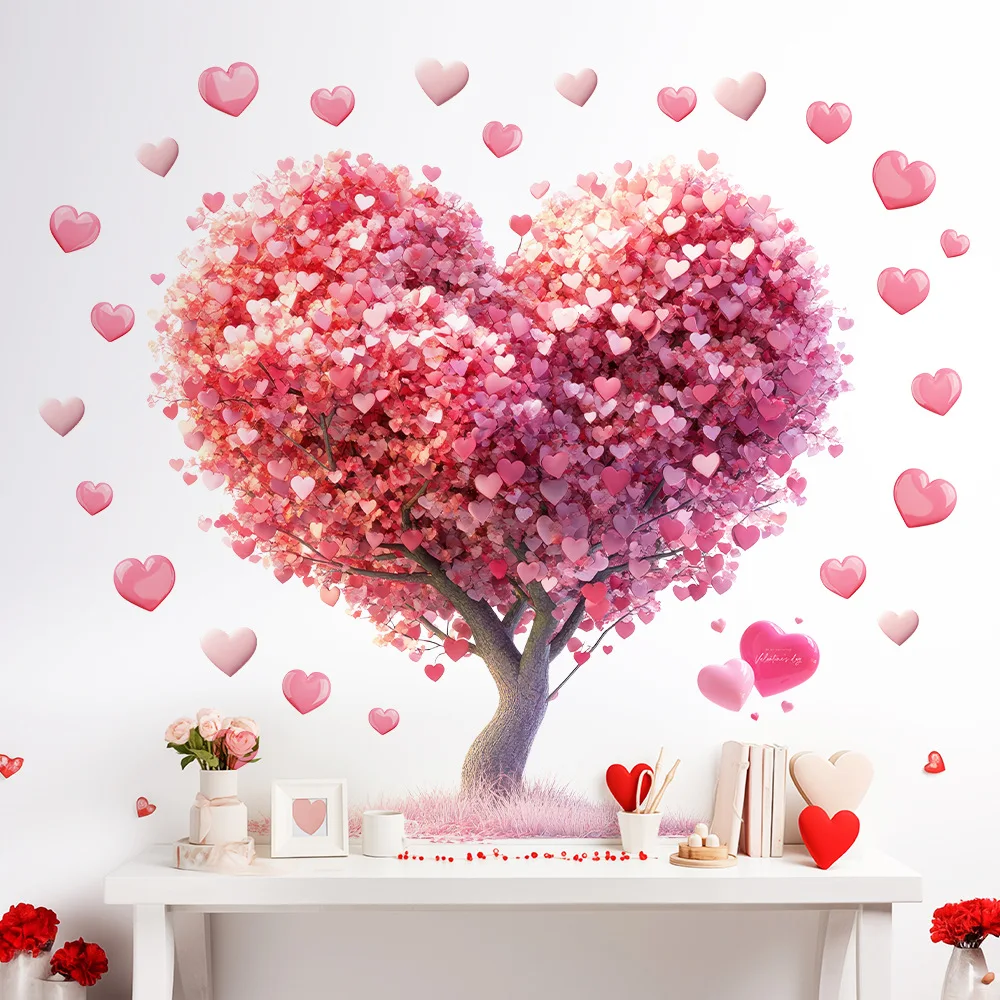 Pink Heart Tree Wall Decals - Romantic Love Heart Tree Peel and Stick Stickers, Valentine's Day Decor for Bedroom, Living Room