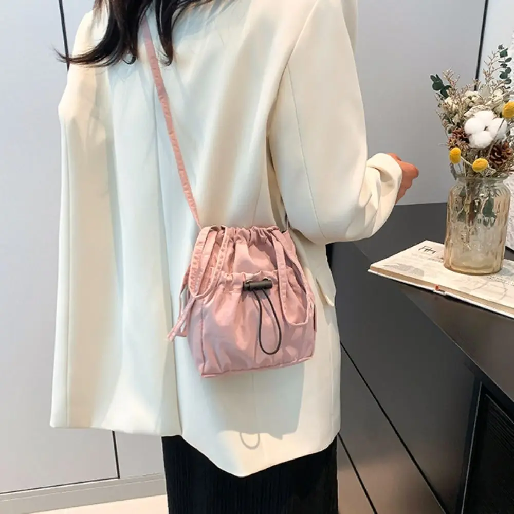 Cute Korean Style Drawstring Canvas Bag Crossbody Bag Purse Nylon Shoulder Bag Solid Color Wallet Mobile Phone Bag Girls
