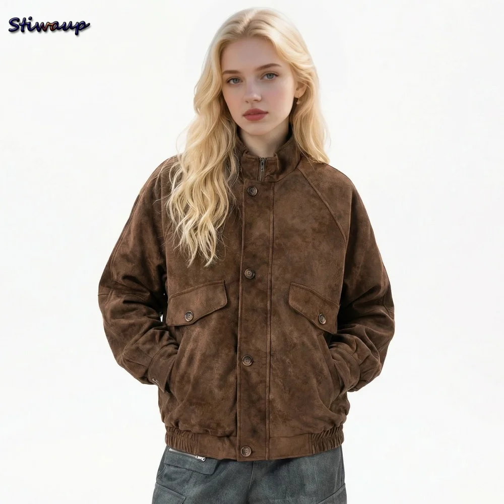 เสื้อแจ็คเก็ตหนังผู้หญิงสไตล์อเมริกันวินเทจ PU แจ็คเก็ตมอเตอร์ไซค์แบบมีซิป แขนยาว มีกระเป๋า เสื้อโค้ทสำหรับฤดูใบไม้ผลิ รุ่นใหม่ในหมวดเสื้อผ้าชั้นนอก