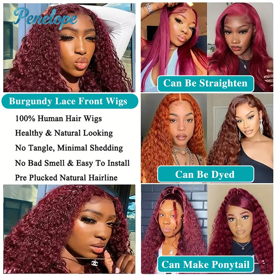 220 Density 99J Burgundy 13x6 HD Lace Frontal Human Hair Wig Pre plucked Colored Brazilian Deep Wave Curly Human Hair Wig image 3