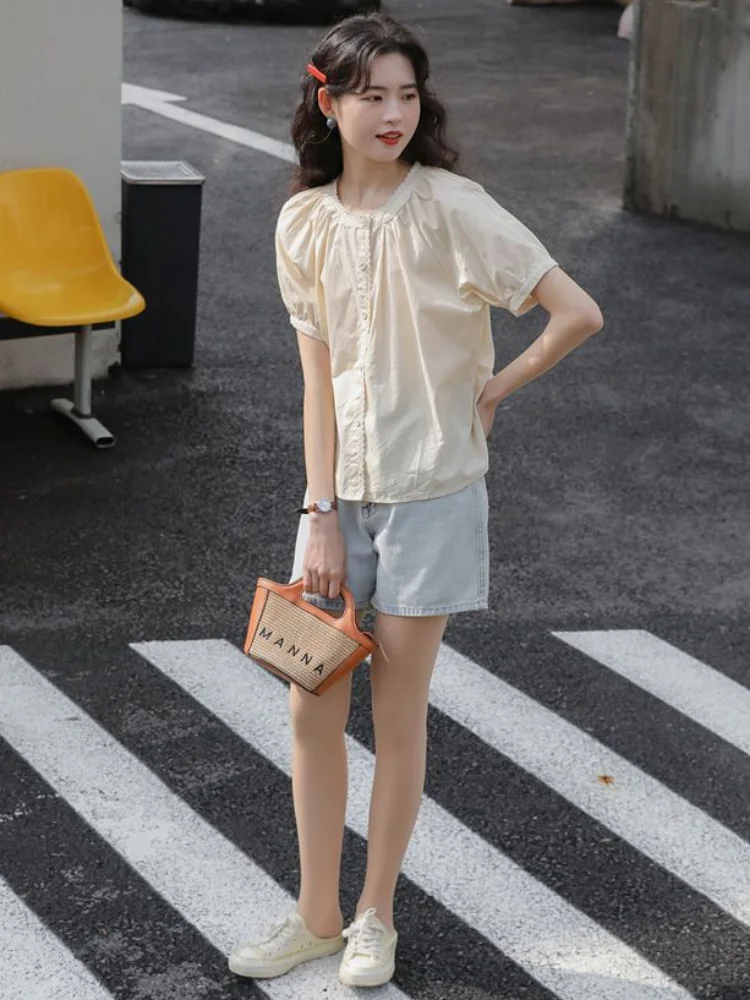 Camisas femininas manga bufante diário feminino bonito estudantes simples rendas designer solto verão all-match o-pescoço estilo coreano confortável