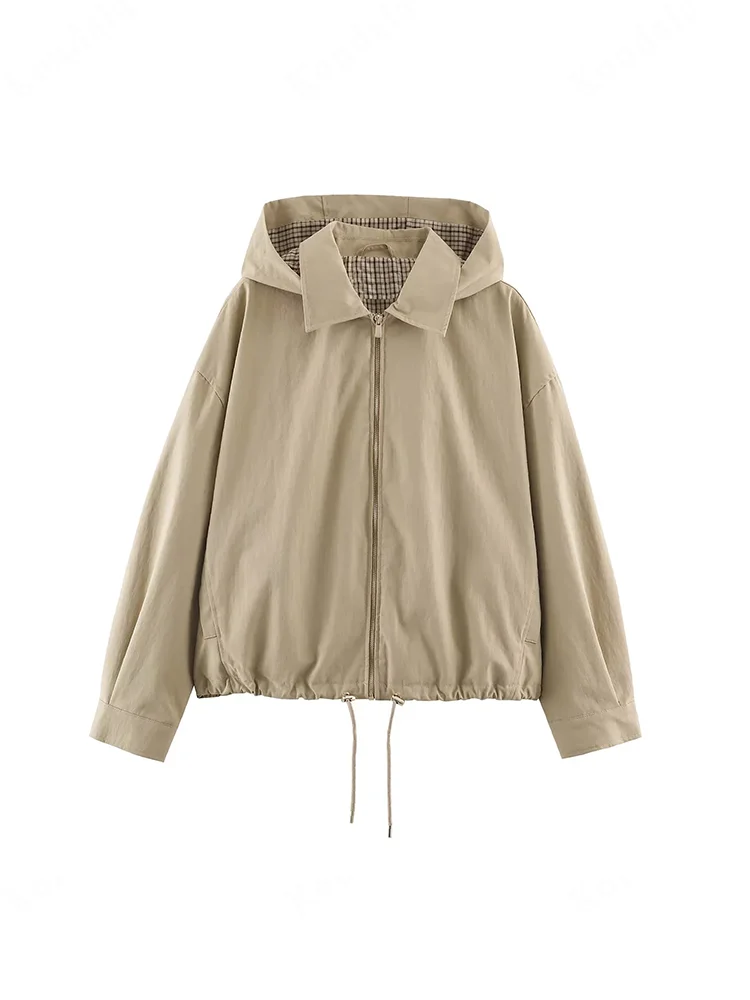 KONDALA Damen Herbst Casual Kapuzenjacke mit Kordelzug am Saum, Reißverschluss, Lose Passform, 2026 Herbst Trendige Elegante Streetwear Pendlerjacke für Damen