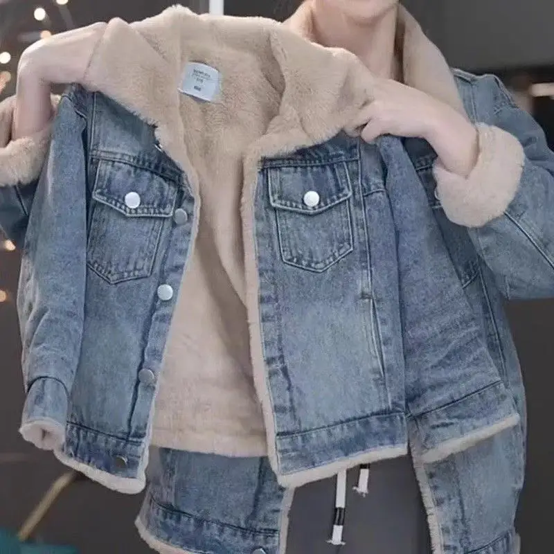 

Girls Padded Denim Coat Boys Thicken Jacket Winter Children's Fashion Plus Velvet Outerwear Autumn Warm Loose Parkas