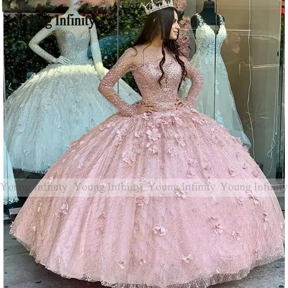 Robes de Quinceanera roses blush pour femmes, robe de Rhflorale, manches longues, paillettes kly, perles, robes éducatives, Rotterdam, 15 ans, Sweet 16, 2024