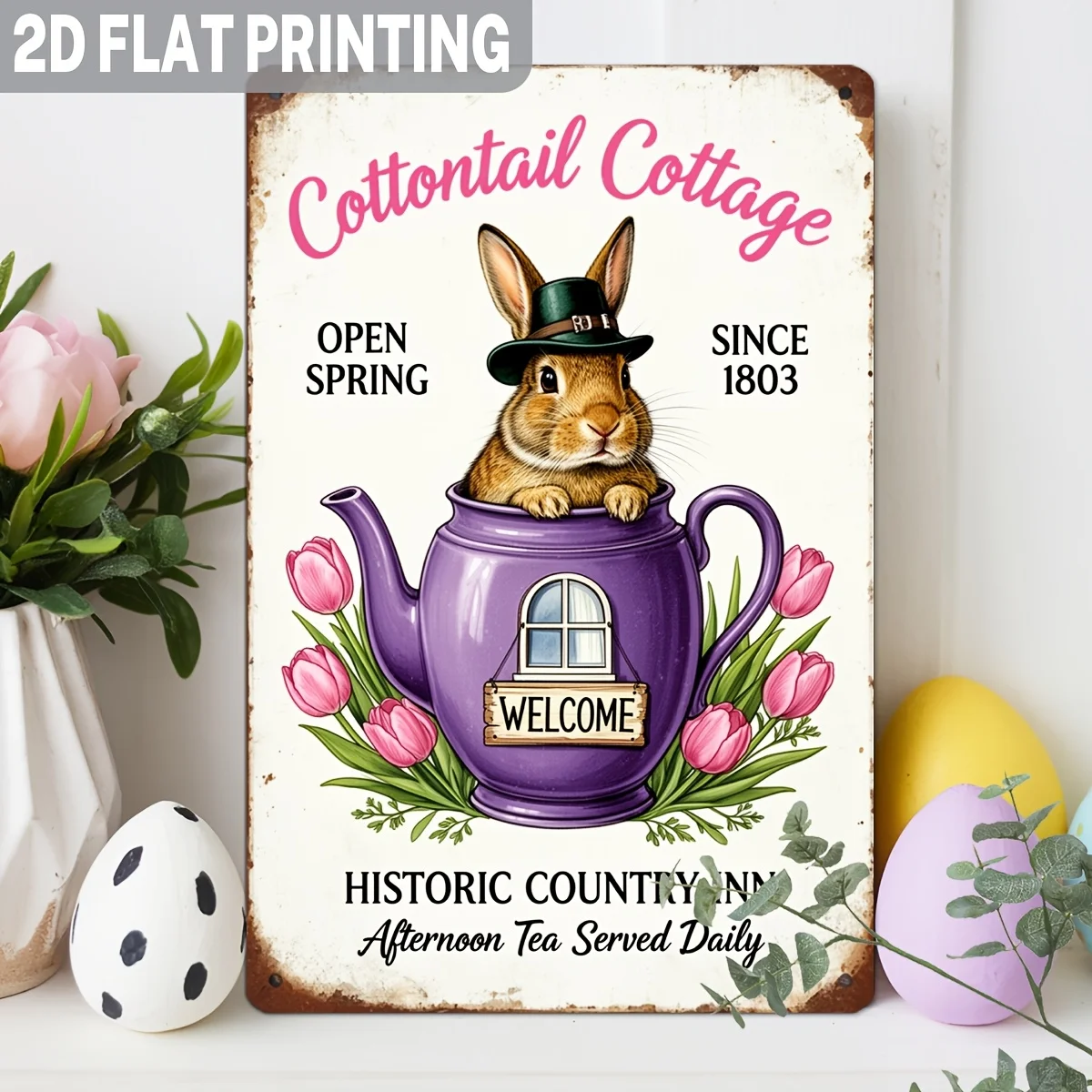 2D Flat, 2D Flat,1pc,Cottontail Cottage Metal Tin Sign Historic Country Inn Afternoon Tea Retro Bunny Rabbit Vintage Art Sign fo