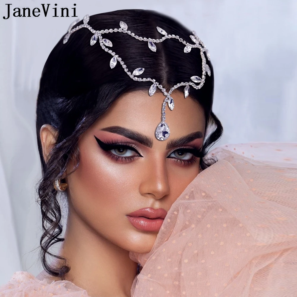 JaneVini Arabic Crystal Beaded Headpiece Women Brides Forehead Headband Party Wedding Hair Accessories Jewelry Bridal Headdress