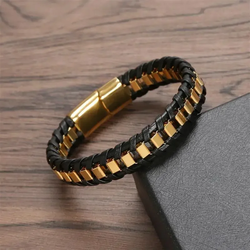 

New Braided Rope Black Leather Bracelets Punk Style Stainless Steel Bangle for Friend Fashion Jewelry Gifts Wholesale