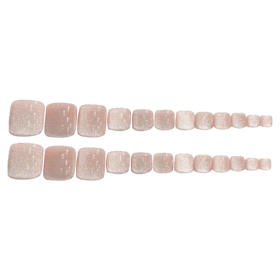 24 piezas de uñas postizas para pies, color rosa nude, efecto ojo de gato, brillantina, cuadradas, de moda para verano 3