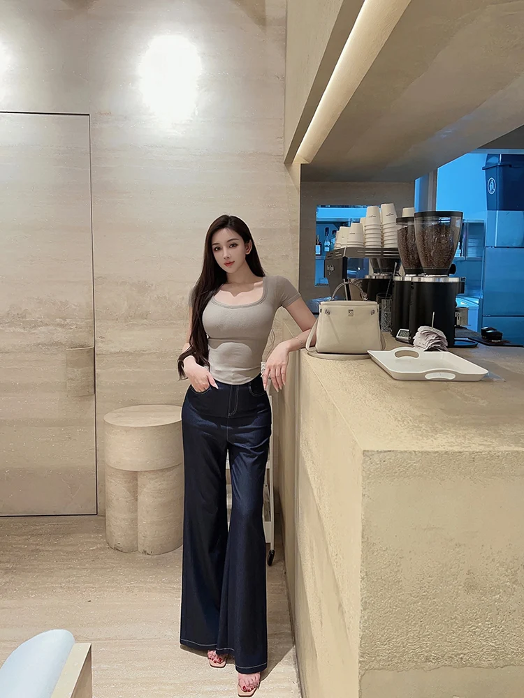 

Джинсы с высокой талией и широкими штанинами для женщин, летние повседневные, свободные, стройнящие, длинные брюки для работы и отдыха, в корейском стиле, длинные брюки