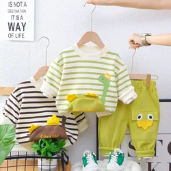 Spring Autumn Kids Boys 2PCS Clothes Set Cotton Striped Cartoon Pullovers Pocket Solid Pants Suit Toddler Boys Outfits