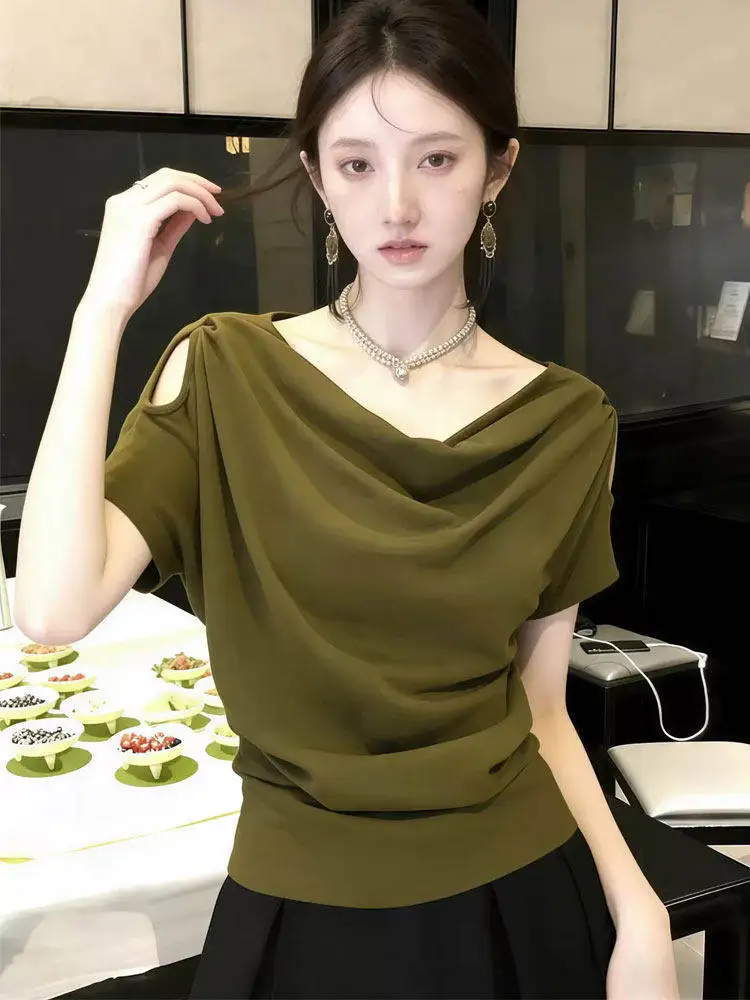 Laid-back Style Short Sleeve T-Shirt Women's Summer New Hot Hollow out Neck Design Breathable Comfortable Loose Fit Top