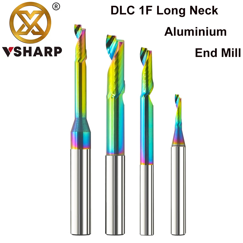 Vsharp Long Neck 8-12mm DLC Colorful Coating 1 Flute Aluminum Milling Cutter CNC Spiral End Mill For Aluminum Engraving Cutting