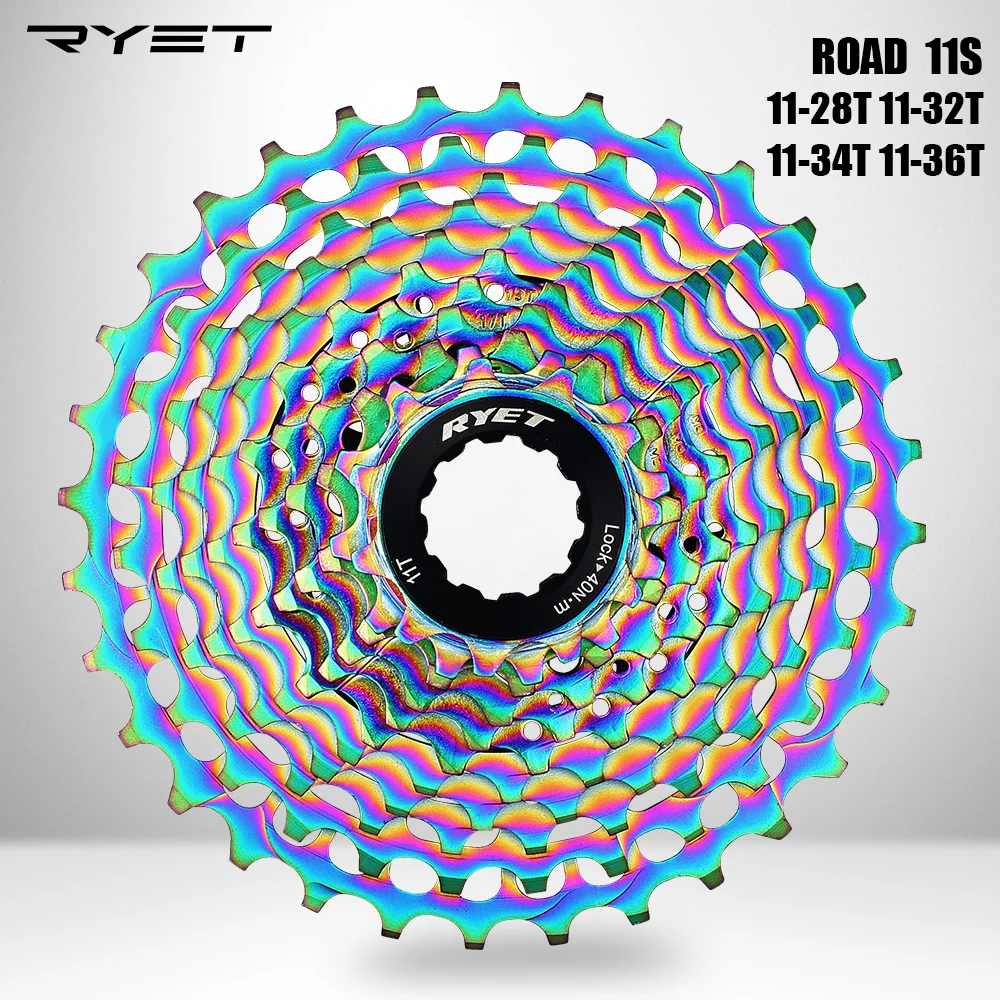 New RYET Gravel Bike 11 Speed 11-36T UltraLight Cassette Road 28T Bicycle Sprocket Colorful 11Speed 34T Rainbow K7 11V 32T