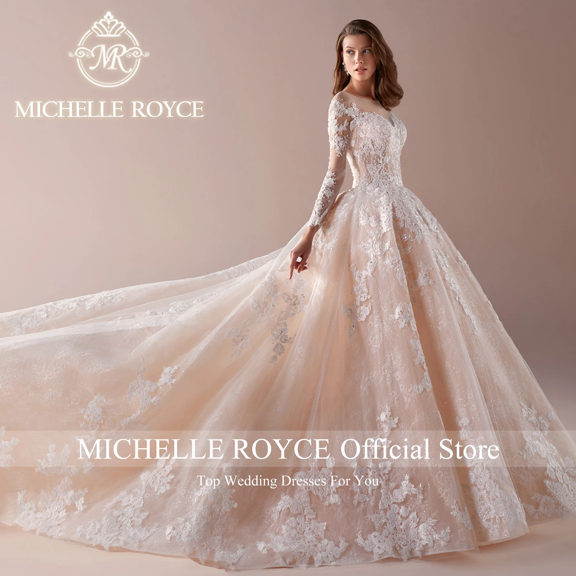 Michelle Royce Long Sleeve Ball Gown Wedding Dress 2024 Invisible Neckline Appliques Champagne Wedding Gown Vestidos De Novia