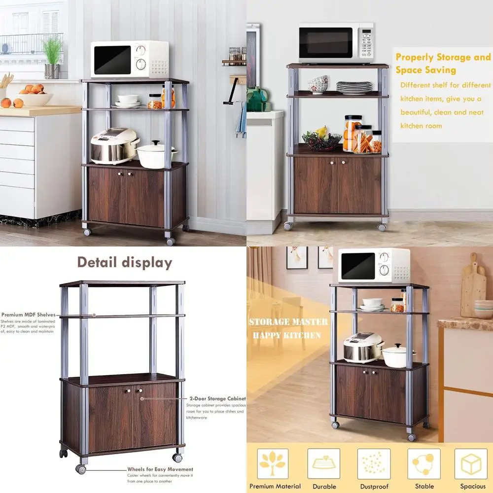 

3-Tier Microwave Stand with Utility Shelves, Multipurpose Kitchen Rack Organizer for Spices and Storage (Brown)