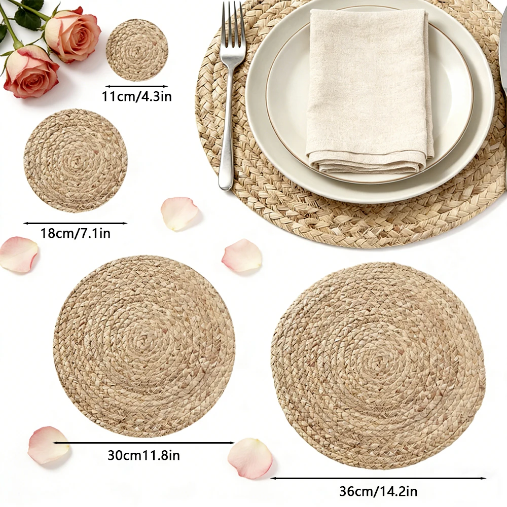 4pcs Handmade Water Hyacinth Placemat -Braided Rattan Table Mat, Eco-Friendly Heat Resistant Coaster for Home & Kitchen Decor