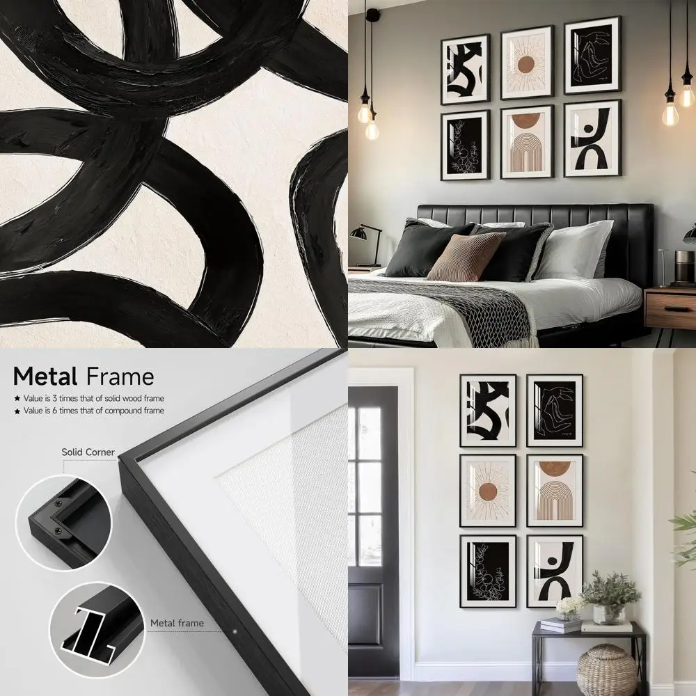 

Modern Boho Black & White Brown Wall Art Set, 6 Pieces Abstract Decor for Living Room, Minimalist Sun Geometric Art, 11x14 Inch