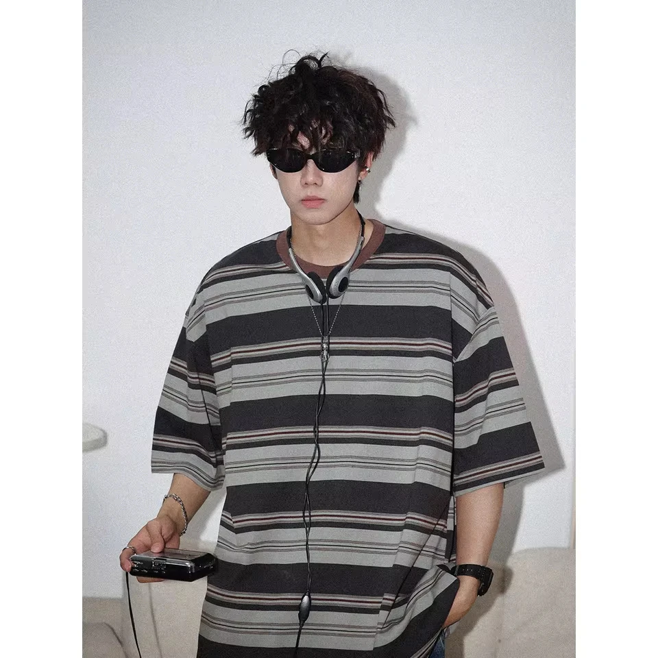 

Summer New Fashion Men's Striped Color-coded Short Sleeve O-neck Loose Casual Trendy T-shirts Male Undershirts Clothes Tops
