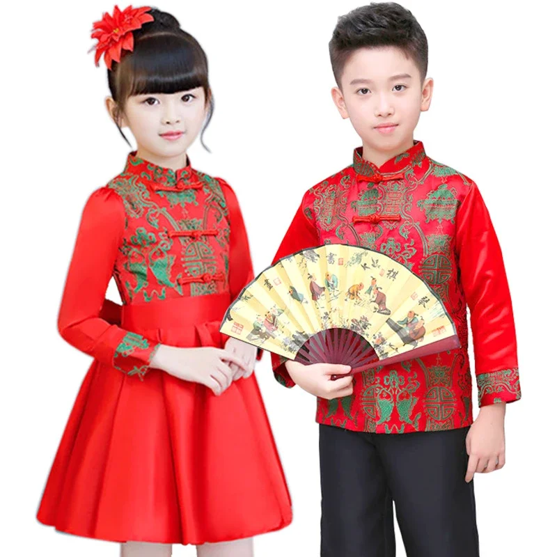 2024 Tang Suit Chinese New Year Traditional Child Boy Girl Clothes Embroidery Kids Stage Party Festival Oriental Hanfu Clothing