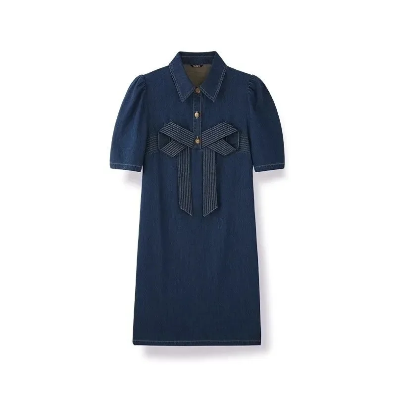 Robe d'été en Denim rétro pour femmes, grande taille, avec nœud, Cowgirl, manches courtes, hauts, t-shirts à revers, nouvelle collection 2024