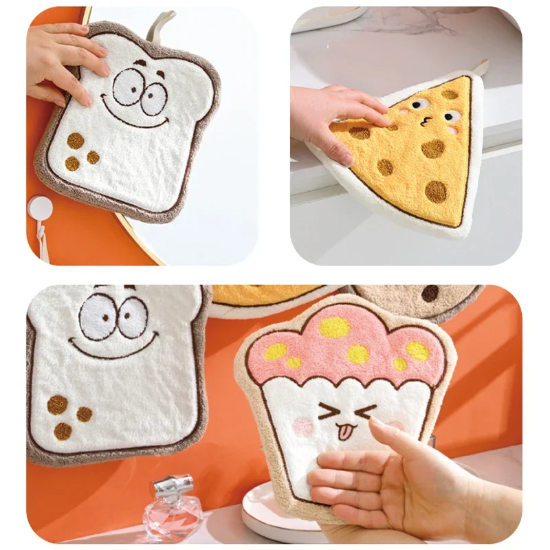 Cute Hand Towel Bread Cheese Shape Hanging Towel Children Kids Bathing Towels Coral Fleece Handkerchiefs Absorbent Wipe Cloth