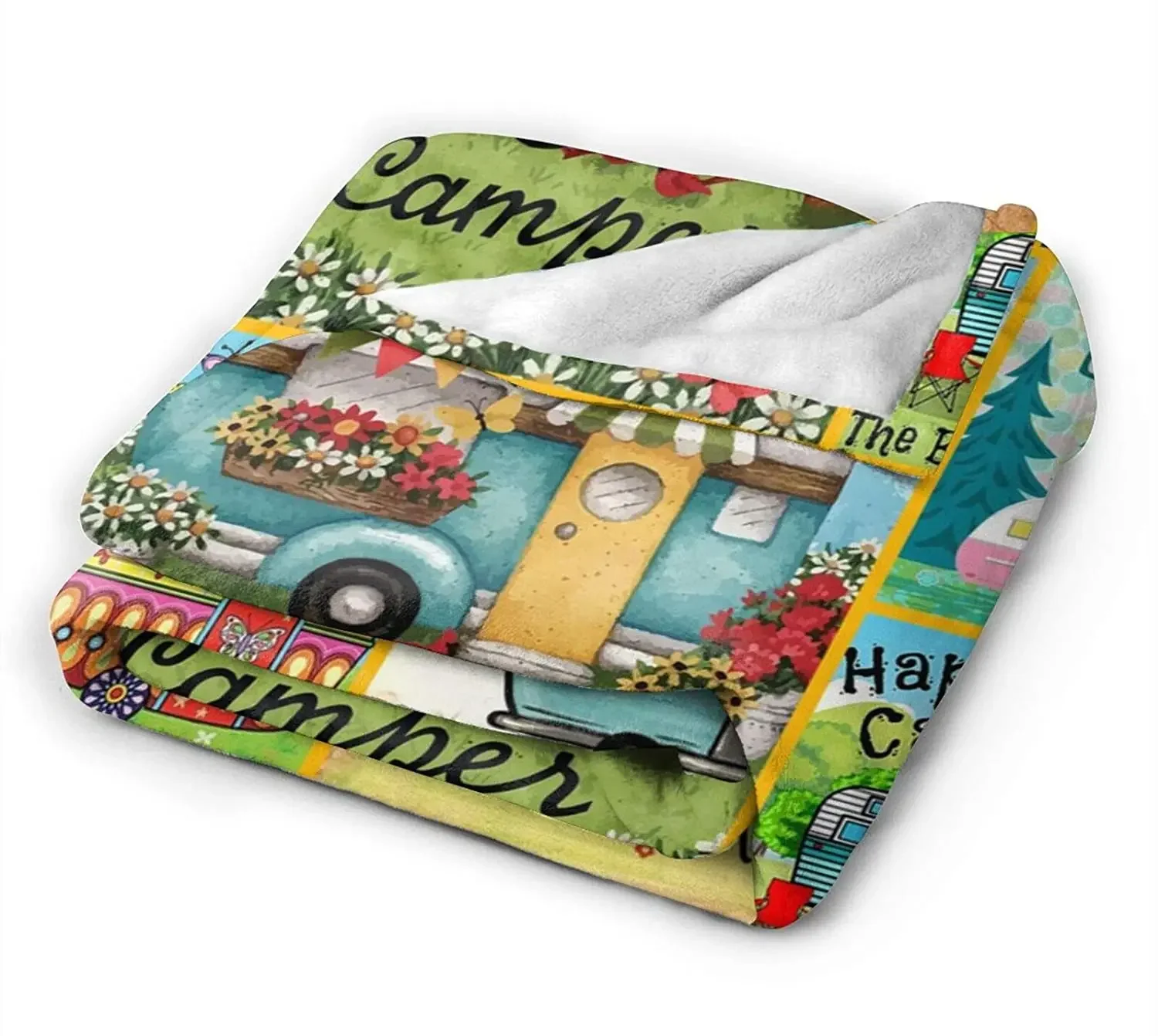 Throw Blanket Happy Camper Cozy Microfiber Bed Blanket for Adult Kids All Season Flannel Lap Blanket for Couch Chair Living Room