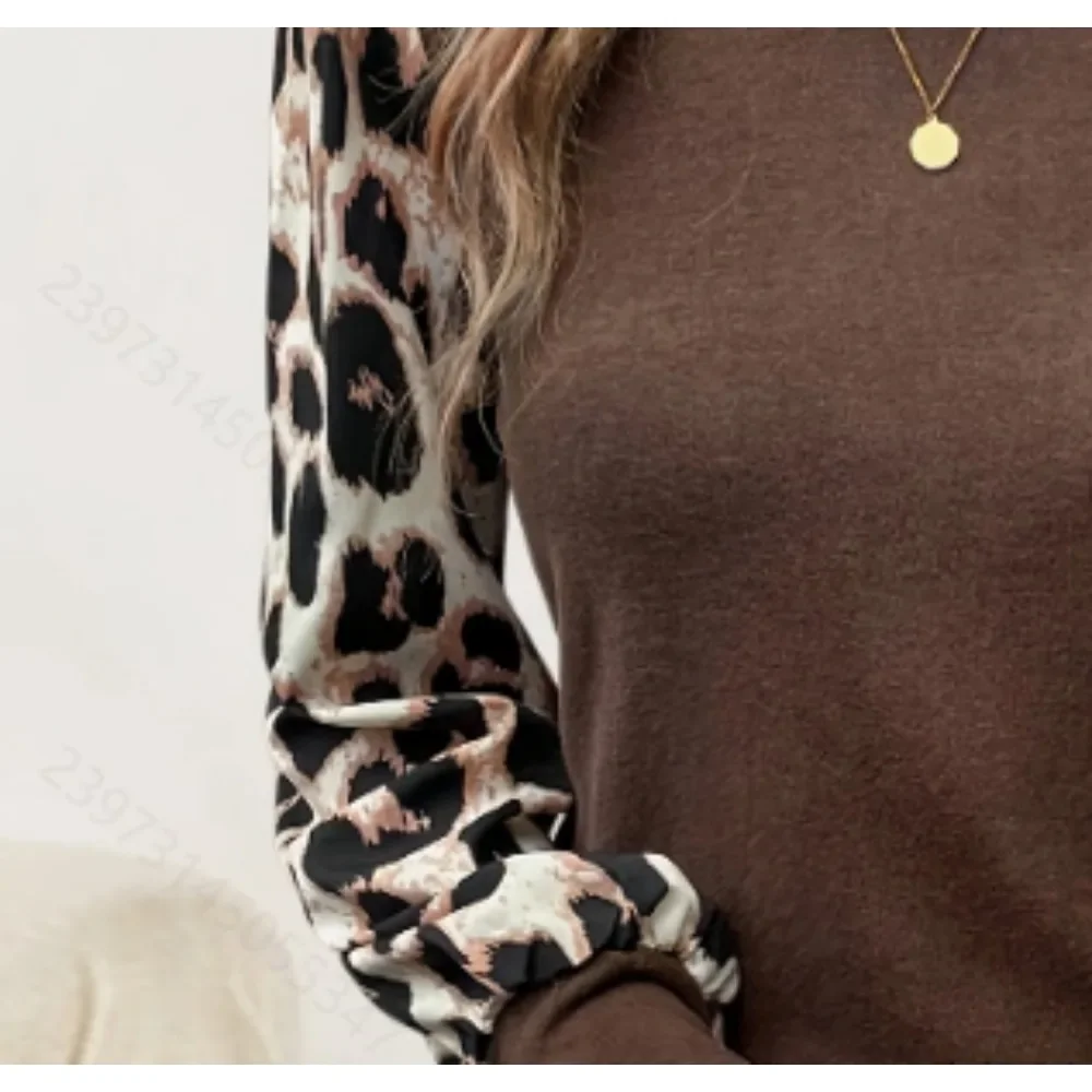 حجم كبير 1XL-5XL المرأة موضة ليوبارد طباعة المرقعة تي شيرت السيدات عادية كم طويل قمم تي شيرت