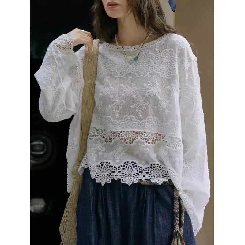 

Hollow Lace Embroidery Blouse Women Round Neck Pure Cotton Long Sleeve Loose Tops Shirt