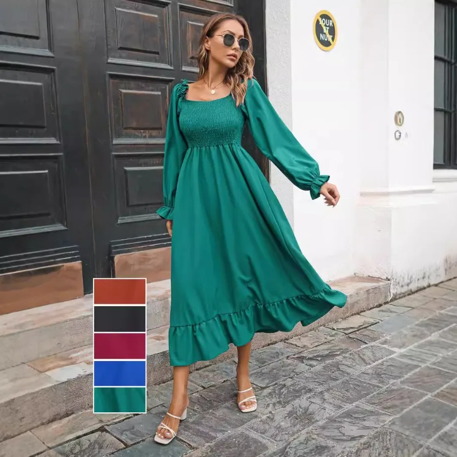 

【New style】2026 pullover flared sleeves casual ruffled square collar elastic waist big swing spring dress long dress