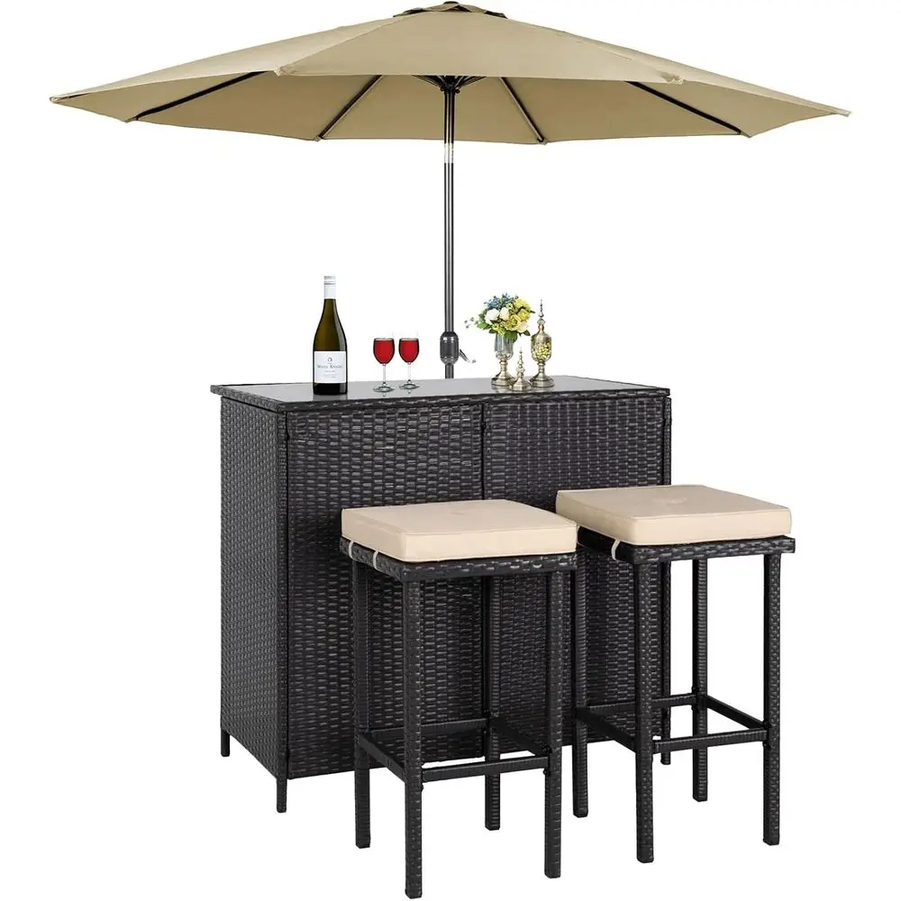 

Wicker Outdoor Bar Set with 2 Stools and Glass Top Table, Brown Wicker Patio Bar with 9ft Khaki Umbrella