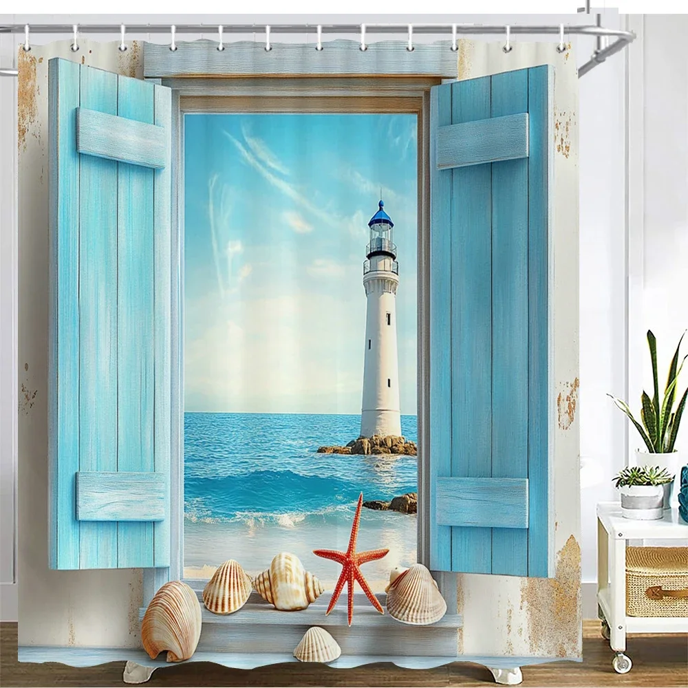 Mediterranean style Shower Curtain Bath Curtain Blue ocean lighthouse Printed Bathroom Curtains for Home decoration curtain