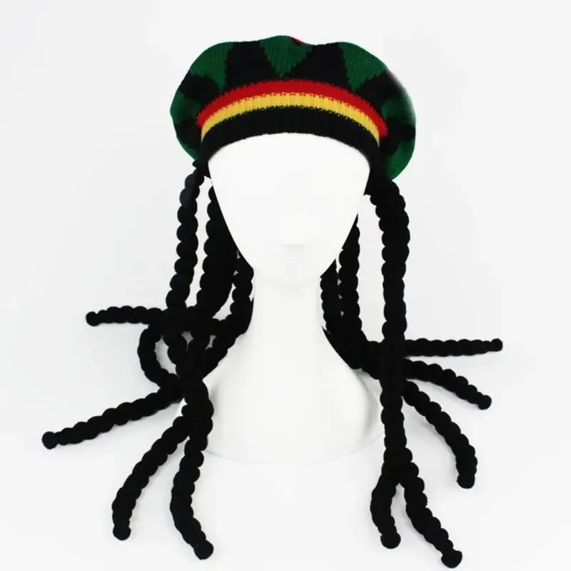 Men Women Novelty Dreadlocks Wig Hat Reggae Jamaican Style Crocheted Knitted Beanies Long Black Hair Halloween Beret Cap