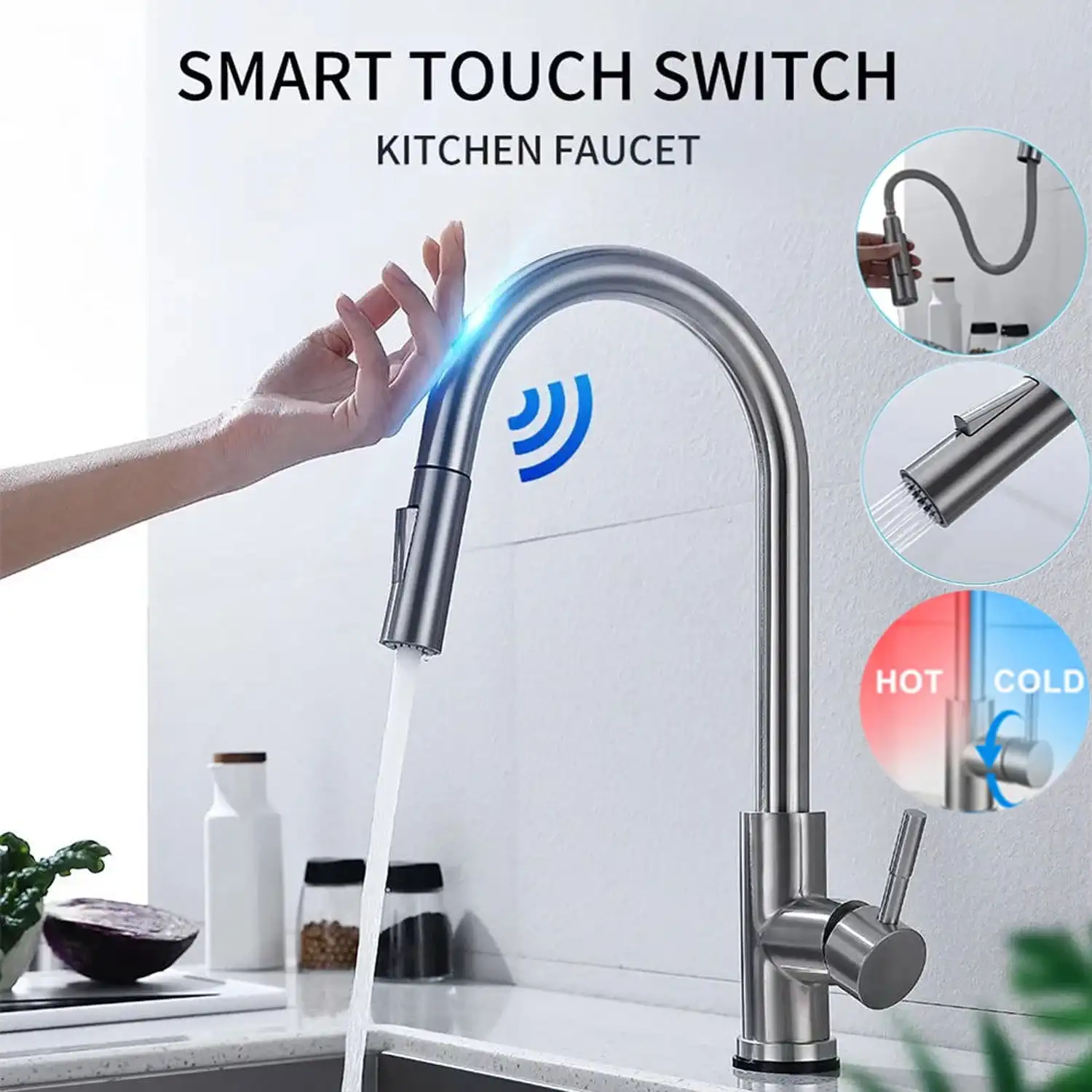 

Touchless Kitchen Faucet with Pull Down Sprayer, Single Handle, High Arc, 304 Stainless Steel Finish 8 Inch