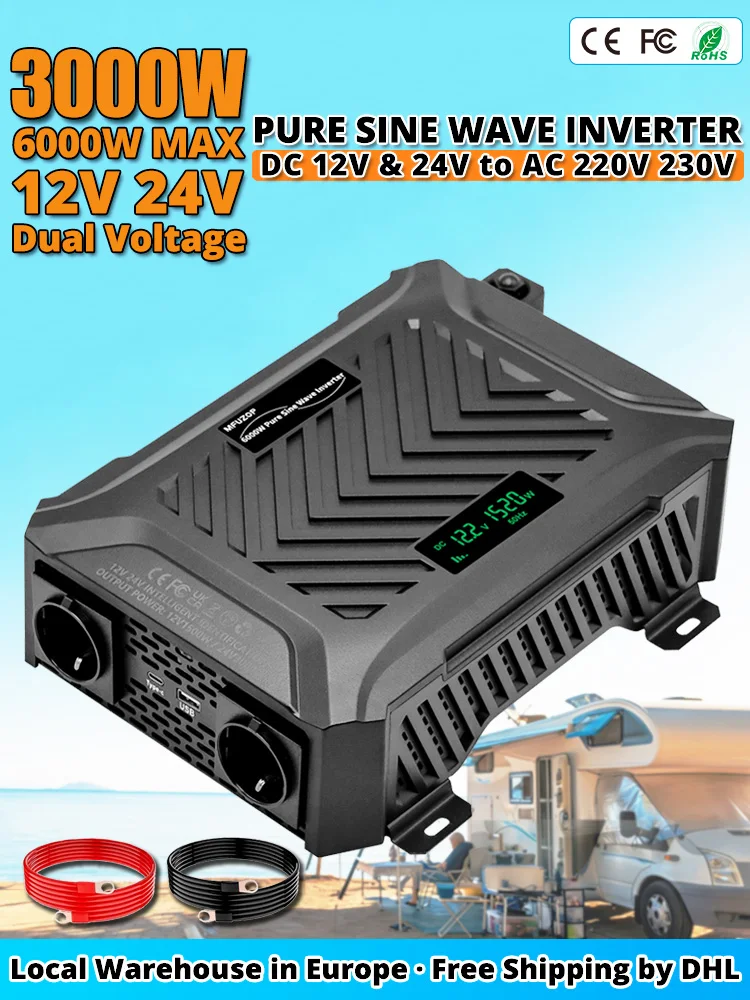 MFUZOP Zuivere Sinus Inverter Dubbele spanning 12V 24V naar 230V 50Hz Spanningsomvormer 3000W Continu 6000W Piekniveau Vermogen Auto Camper Huis Stroomomvormer met USB AC-aansluiting LCD Display - afbeelding 2