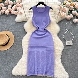 Streetwear Hollow Out  Beach Sundress 2024 Women Elastic Spaghetti Strap A Line Knitted Dress Vacation Solid Midi Long Dress
