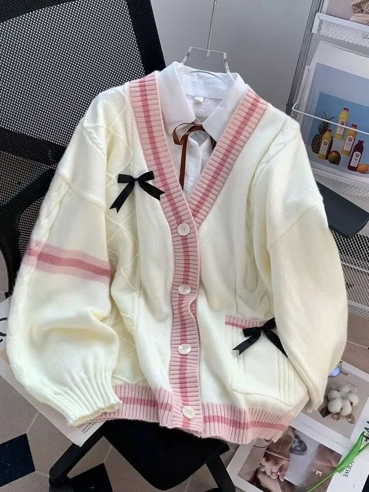 

Y2k Japanese Kawaii Long Sleeve Cardigan 2000s Sweet V Neck Vintage Korean Fashion Casual Sweaters Coat Lolita Bow Women Chic