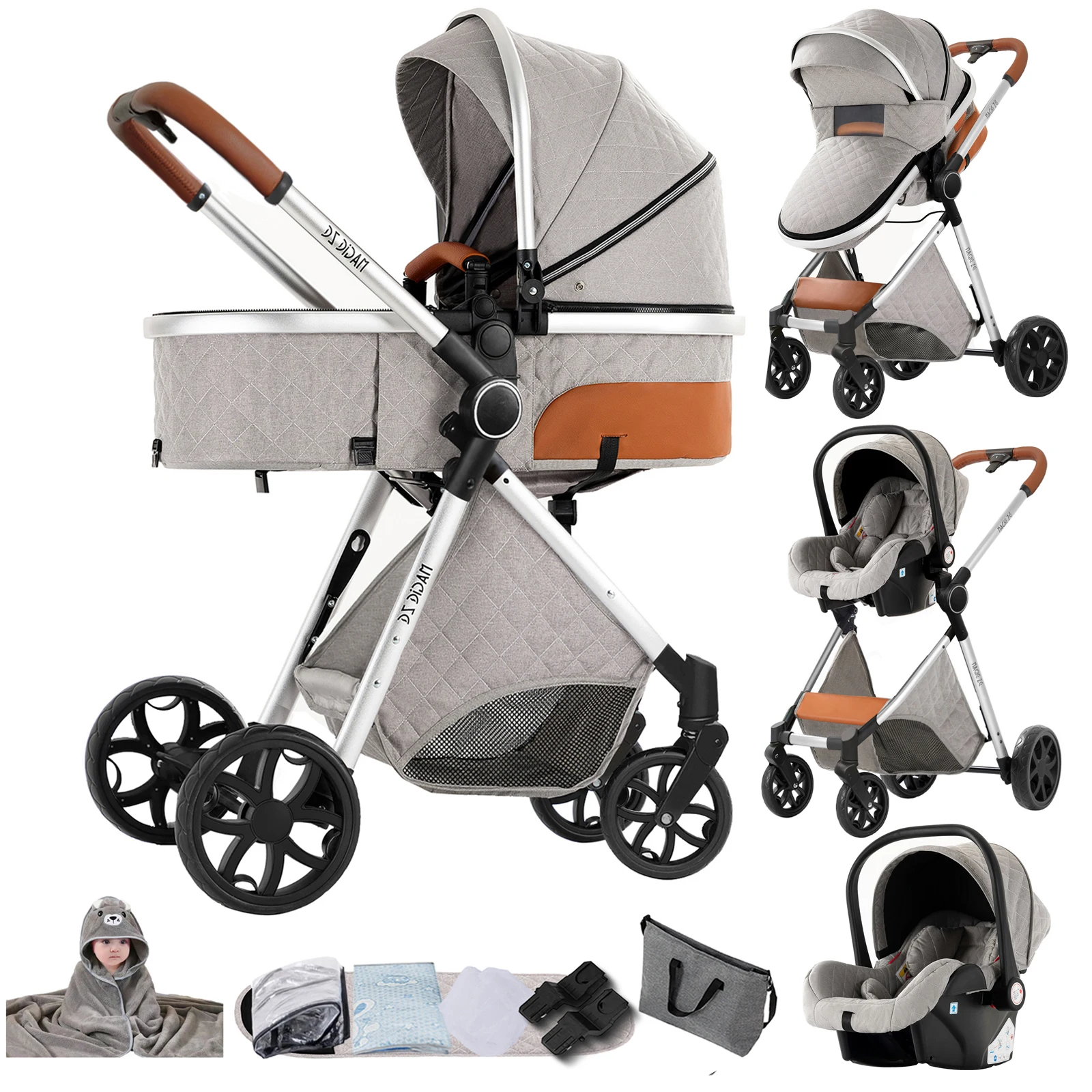 Magic ZC 3-in-1 Kinderwagen-Reisesystem, kompakter, faltbarer Kinderwagen mit Babywanne, Babyautositz und umkehrbarem Sitz, Hochlandschaft-Kinderwagen, Stoßdämpfer-Räder, verstellbarer Lenker,