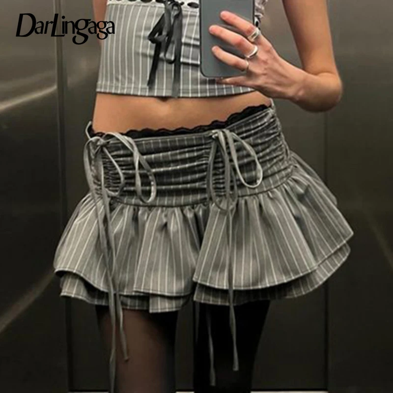 

Darlingaga Vintage Y2K Lace Trim Low Waist Mini Skirt A-Line Shirring Folds Summer Skirts for Women Hottie Korean Clothes Party