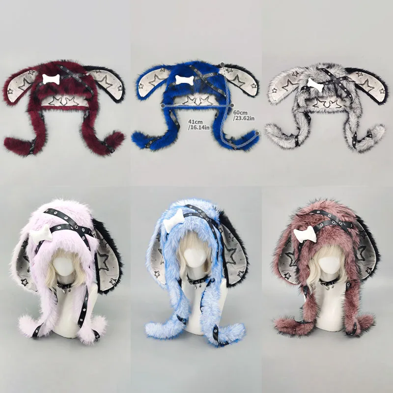 Y2K Gothic Rabbit Ear Furry Hat Cyber Punk Plush Long Ears with Bone Ornament Warm Headgear Halloween Cosplay Headwear
