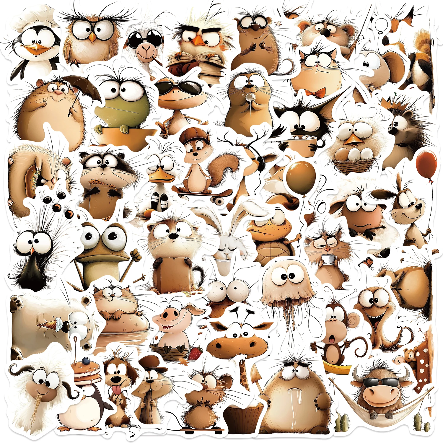 50 pegatinas de animales de dibujos animados retro con ojos grandes, creativas, de oveja, erizo, elefante, pingüino, búho, medusa, regalo DIY para laptop