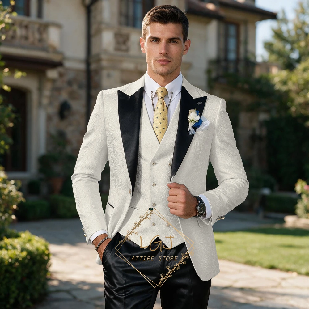 Men's 3PC Slim Fit Tuxedo Set Embossed Jacquard Blazer Contrast Lapel Wedding Groom Suit Jacket Pants Custom Made