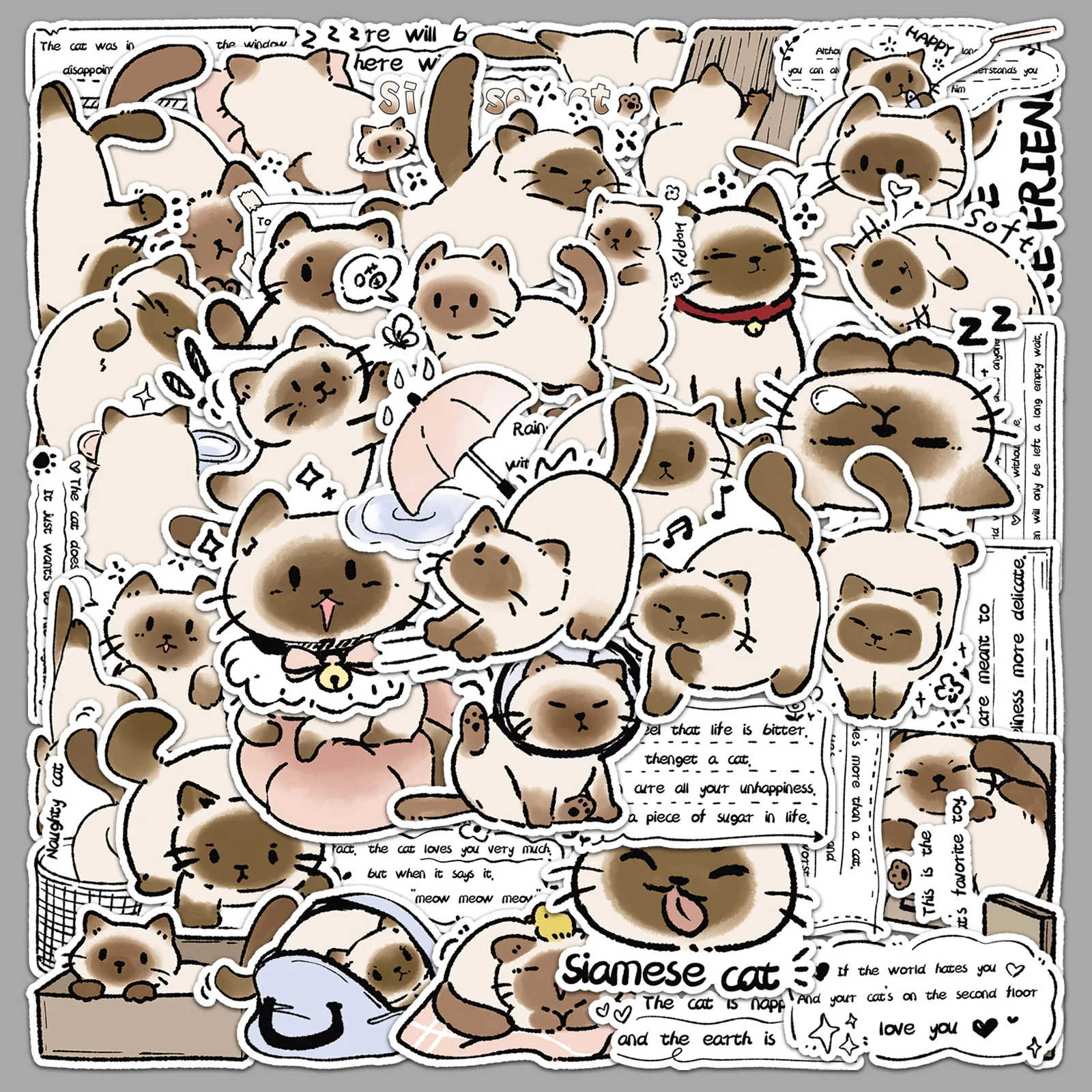 50 Stück Original handgezeichnete Aufkleber mit siamesischen Katzen, niedliche selbstklebende Cartoon-Aufkleber für Telefon, Wasserflasche und Notizbuch