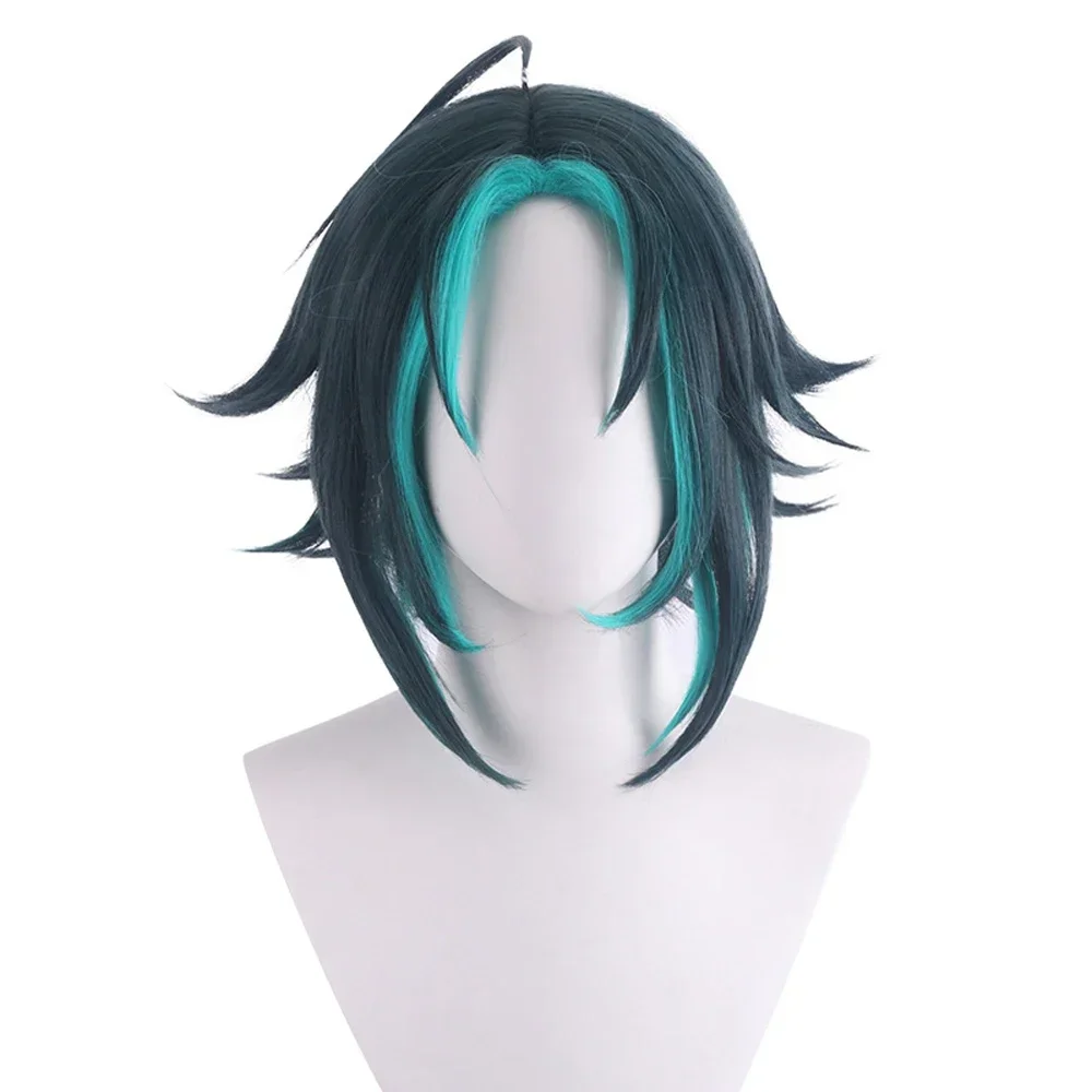 Wig Genshin, rambut palsu sintetis lurus pendek biru hijau campur gradien permainan Cosplay untuk pesta