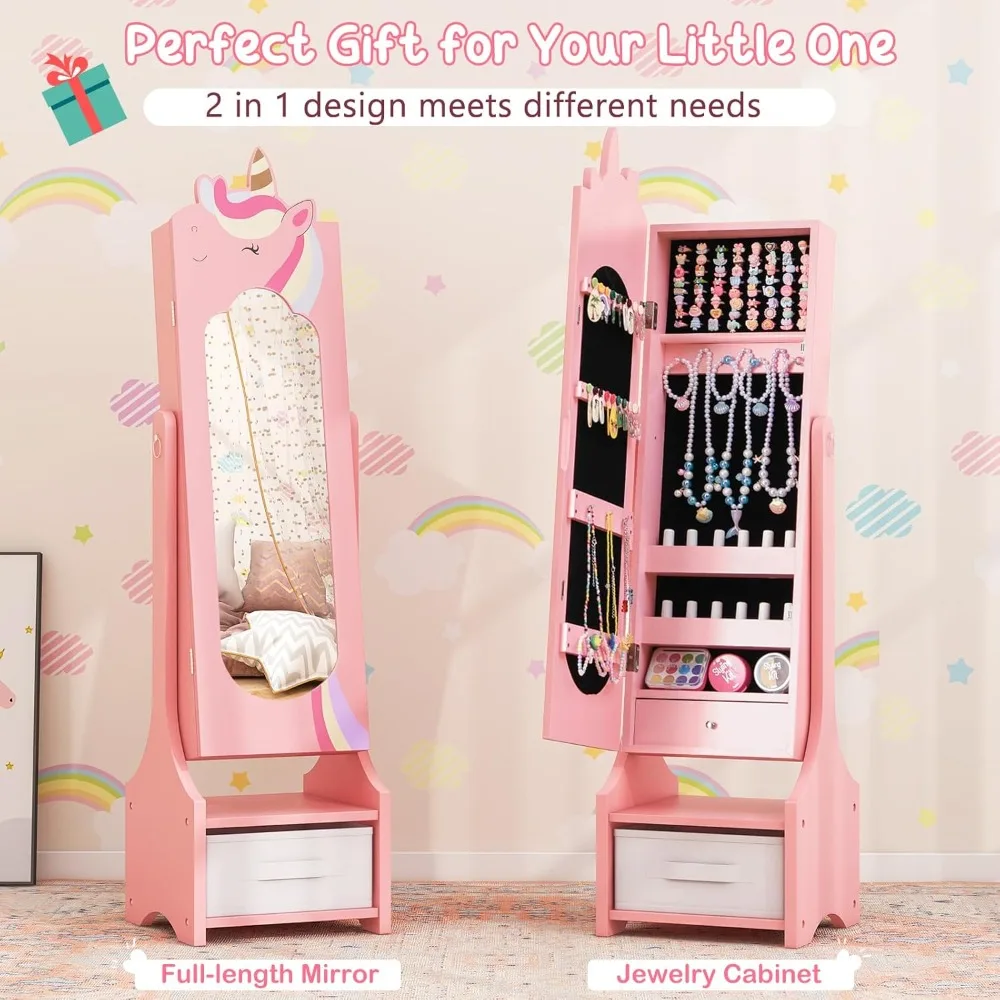 Jewelry Armoire, 45.5 Standing Jewelry Cabinet with Full-Length Mirror, Storage Drawers, Kids Vanity Dress