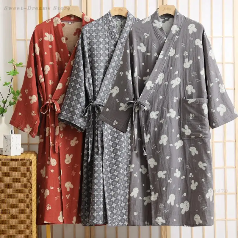 

Men Women Cotton Yarn Yukata Kimono New Couple Sleepwear Long Sleeved Bathrobe Lingerie Casual Loose Pyjama Loungewear Homewear