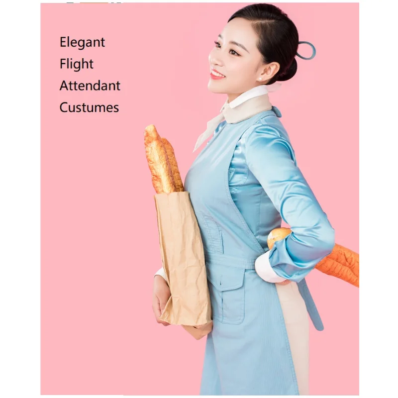 South Korean Flight Attendant Interview Etiquette Suit Full Sleeved Shirt Skirt Blue Apron Aviation Uniforms- Glossy Blue, White