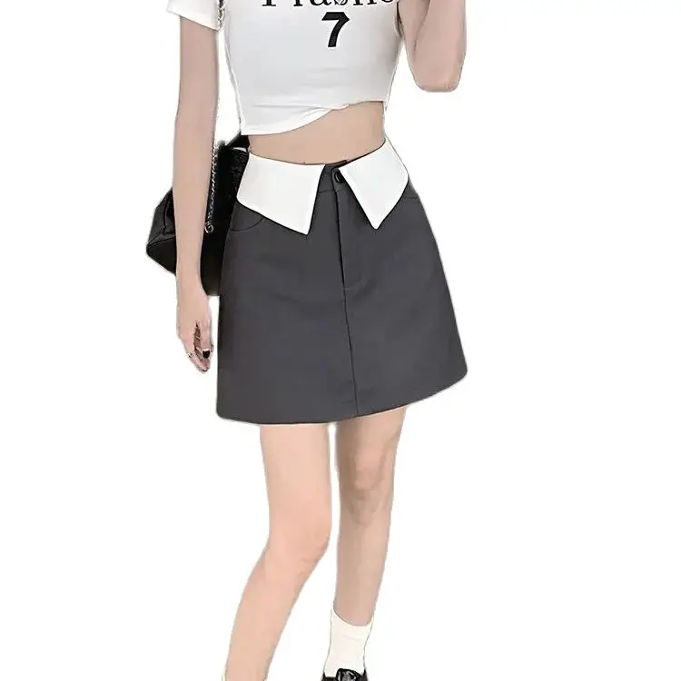 Suit Skirts Flange Patchwork High Waist Pockets 2024 Summer New Women Chic Office Lady Mini Wrapped Hip Half Skirt Charming Sexy